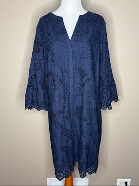 Chico’s womens navy blue 3/4 sleeve crochet dress size 16 cotton.